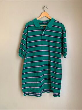 Polo Ralph Lauren Men's Polo Shirt Green Blue Stripe XL 90’s